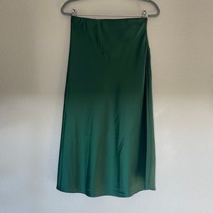 Emerald Green Satin Midi Skirt.